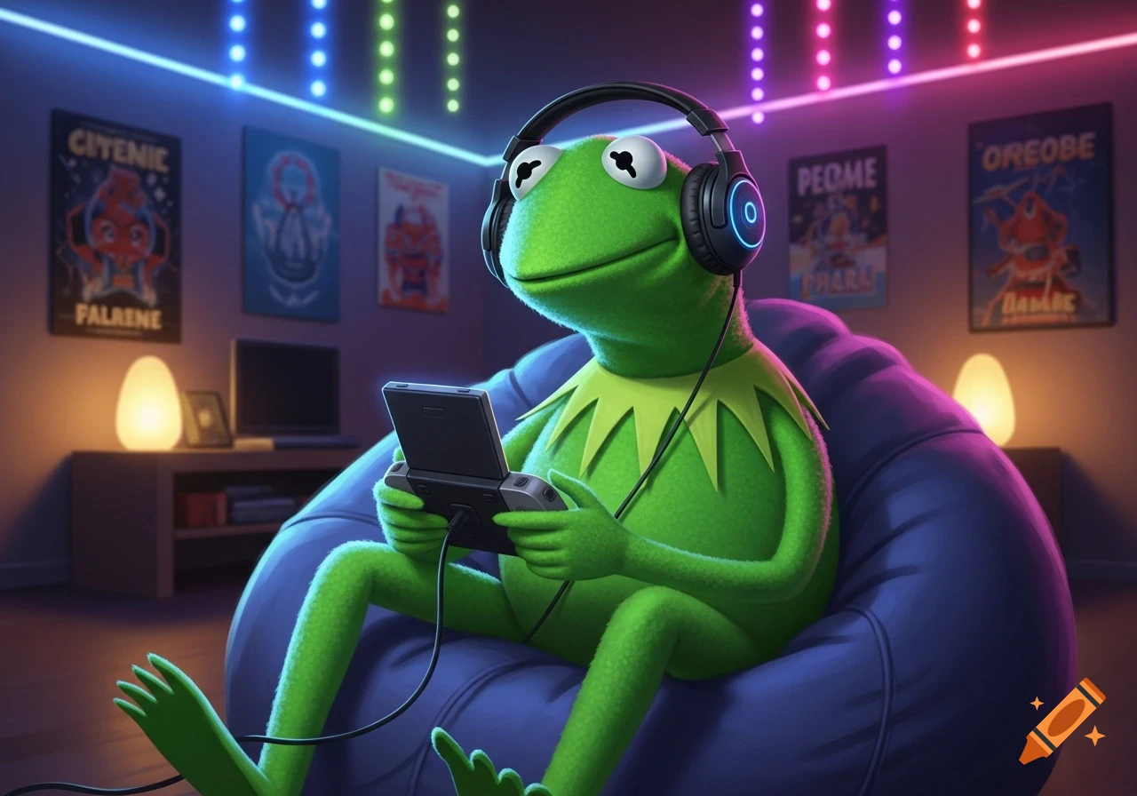 Kermit the Frog wearing headphones and playing a handheld console on a beanbag chair in a neon-lit room.