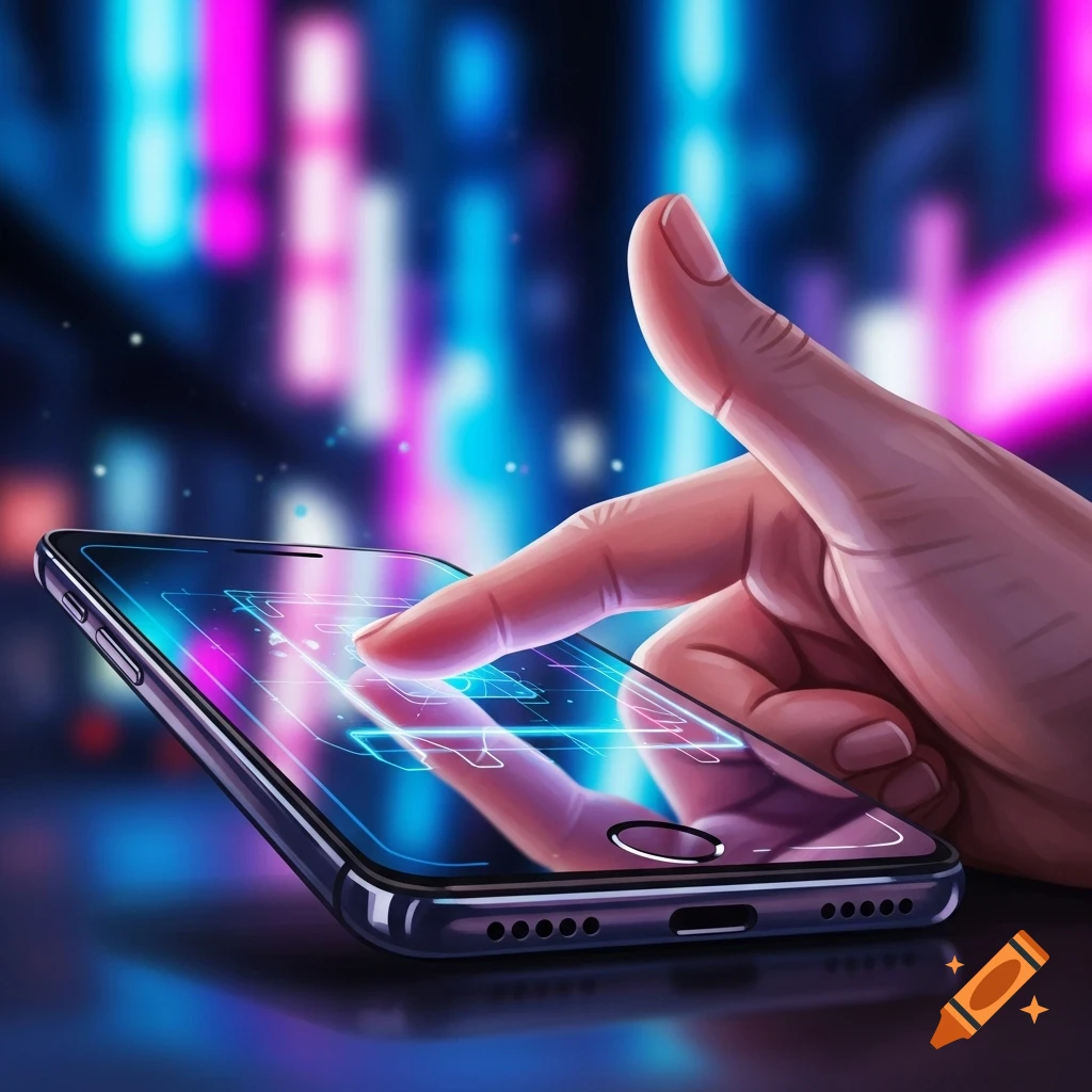 A hand with a thumb swiping up on a smartphone with glowing digital interface against a blurred neon background in a digital art style.