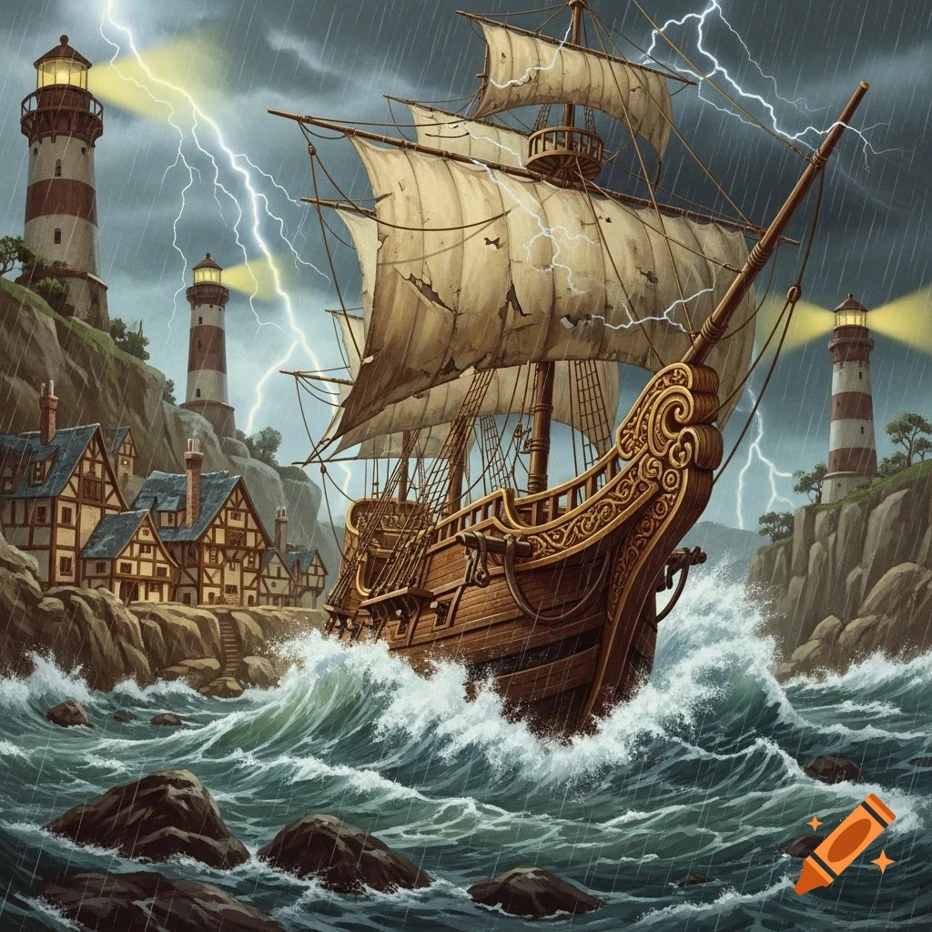 Ancient ship in a raging storm with lightning near a seaside town and lighthouses, in RPG illustration style.