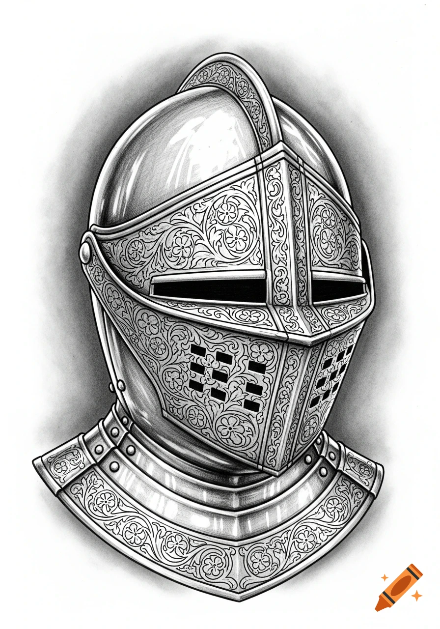 Detailed black and white sketch of an ornate medieval knight's helmet, featuring intricate floral engravings on a polished metallic surface.