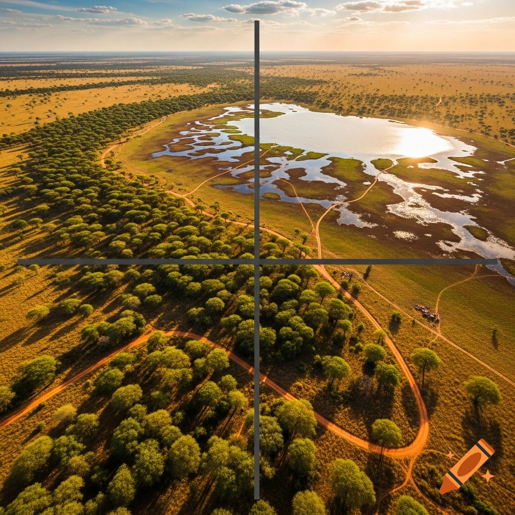 A realistic aerial view of a savanna landscape with a winding lake, green trees, dirt roads, and a golden sunset, divided by a gray cross.
