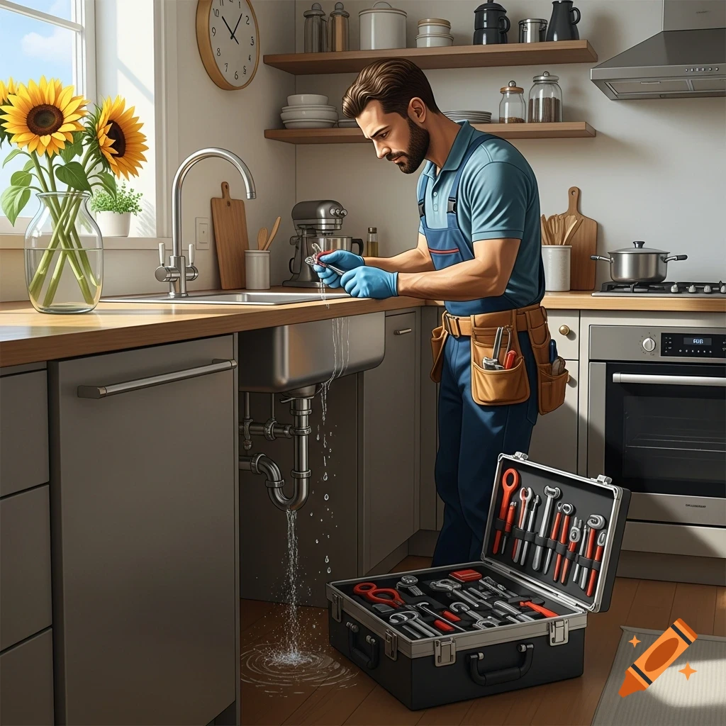 A male plumber in blue work clothes and gloves fixes a leaky sink in a modern kitchen, with water dripping onto the floor. An open toolbox full of tools sits nearby.