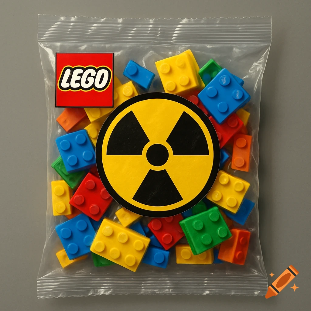 Colorful Lego bricks in a clear plastic bag with a LEGO logo and a yellow radiation warning symbol.