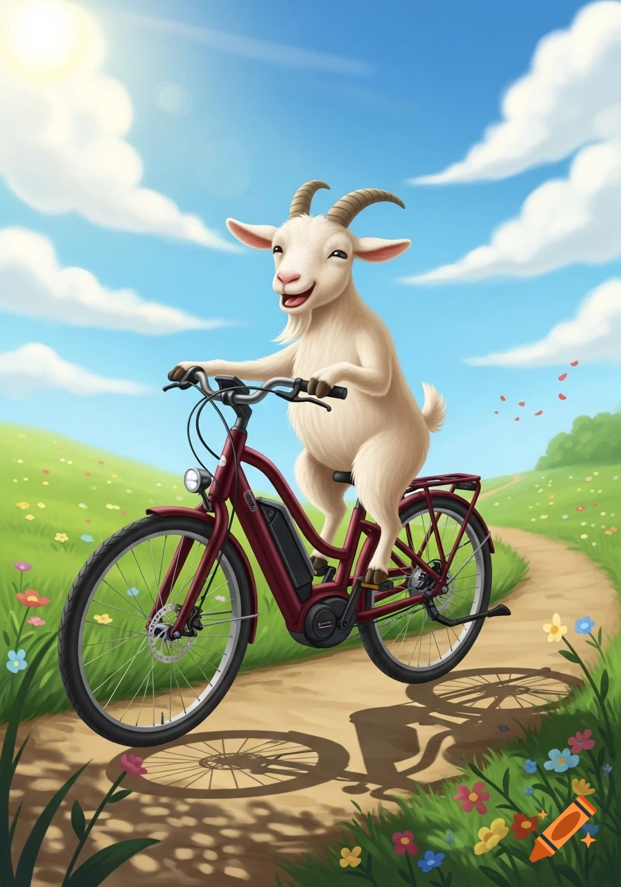 A smiling, anthropomorphic goat rides a red electric bicycle along a winding path in a sunny, green field filled with flowers under a blue sky.