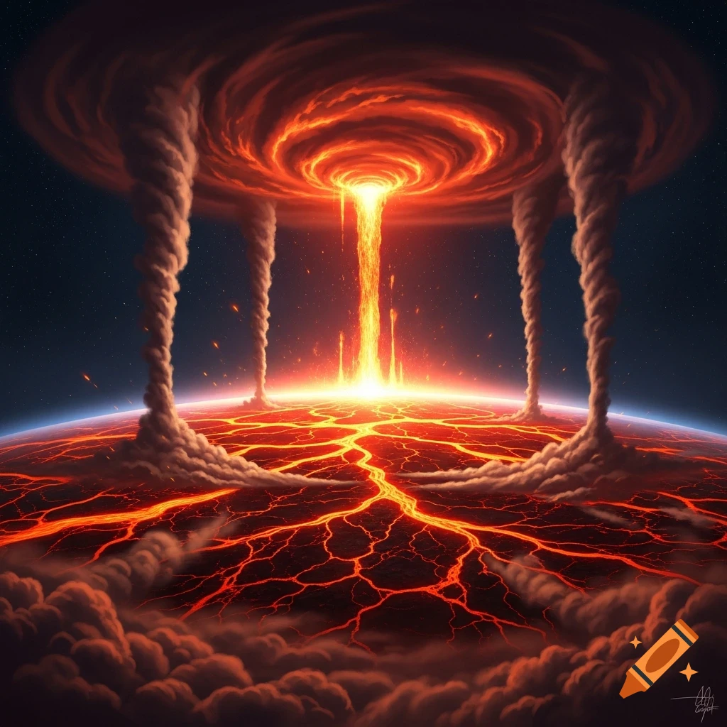 A dramatic, stylized lava planet with fiery geysers, a cracked glowing surface, and towering smoke columns rising into a fiery vortex.