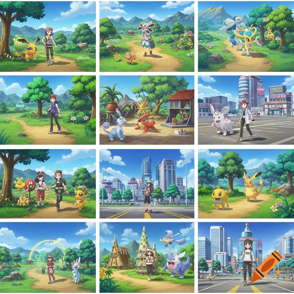 A grid of 12 colorful Pokémon-style scenes, showing trainers and various Pokémon in lush natural environments and bustling cityscapes, in an anime art style.