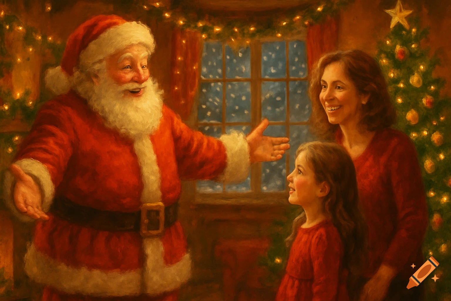 Santa Claus, a woman, and a young girl smile in a warmly lit room with a Christmas tree and snow outside a window, painted in an oil style.
