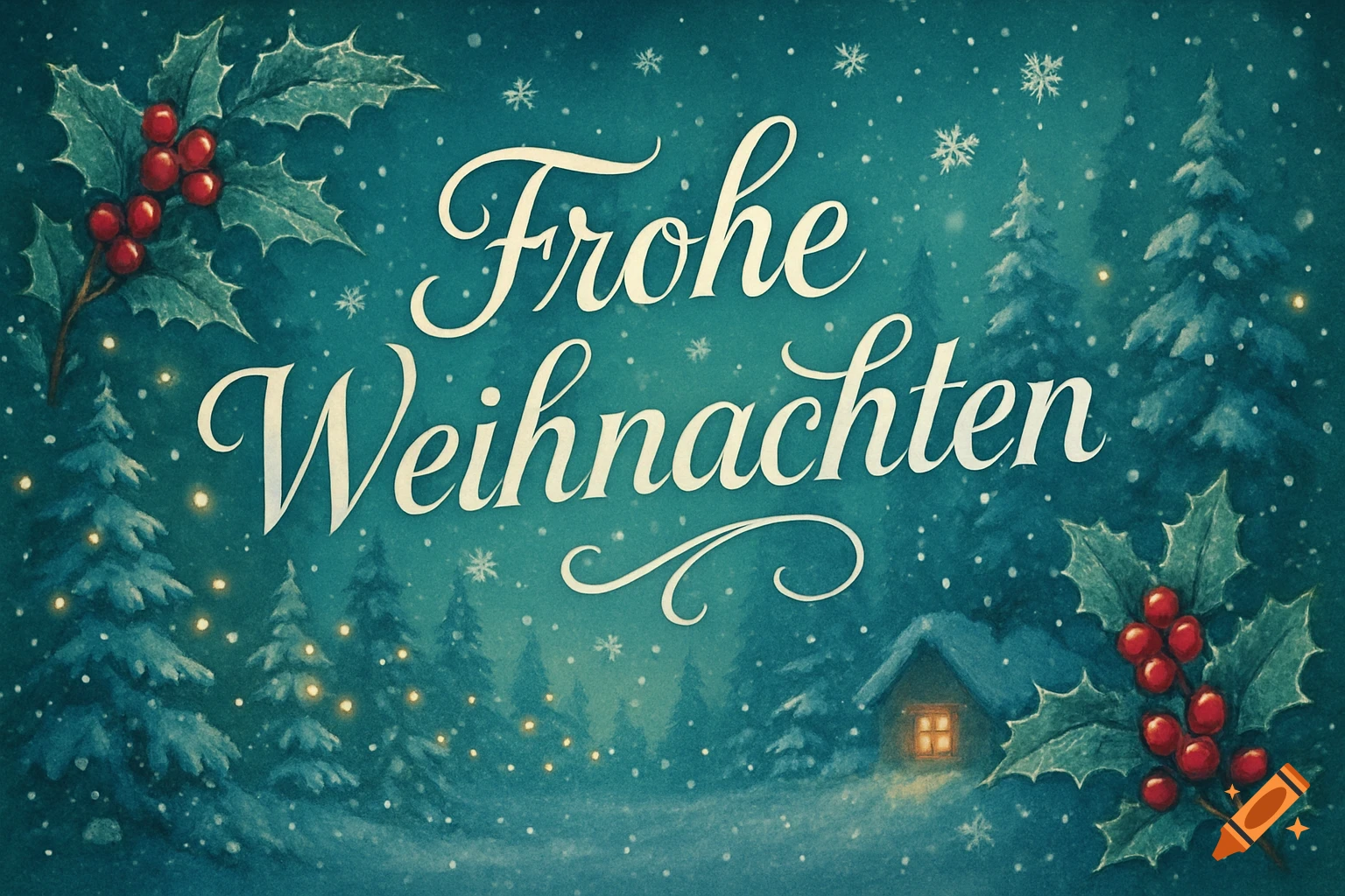 Watercolor illustration of a snowy Christmas scene with "Frohe Weihnachten" text, holly, pine trees, and a cozy lit cabin.