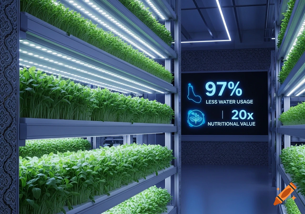 A futuristic vertical farm with rows of green microgreens growing under bright LED lights. A large blue screen on the right displays stats about water usage and nutritional value.
