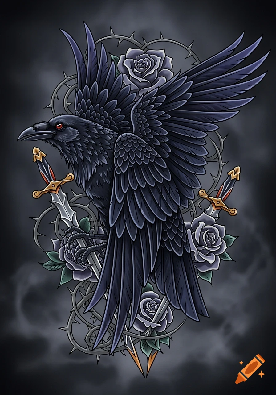 Stylized dark illustration of a raven with spread wings, holding a dagger, encircled by gray roses and thorny vines.