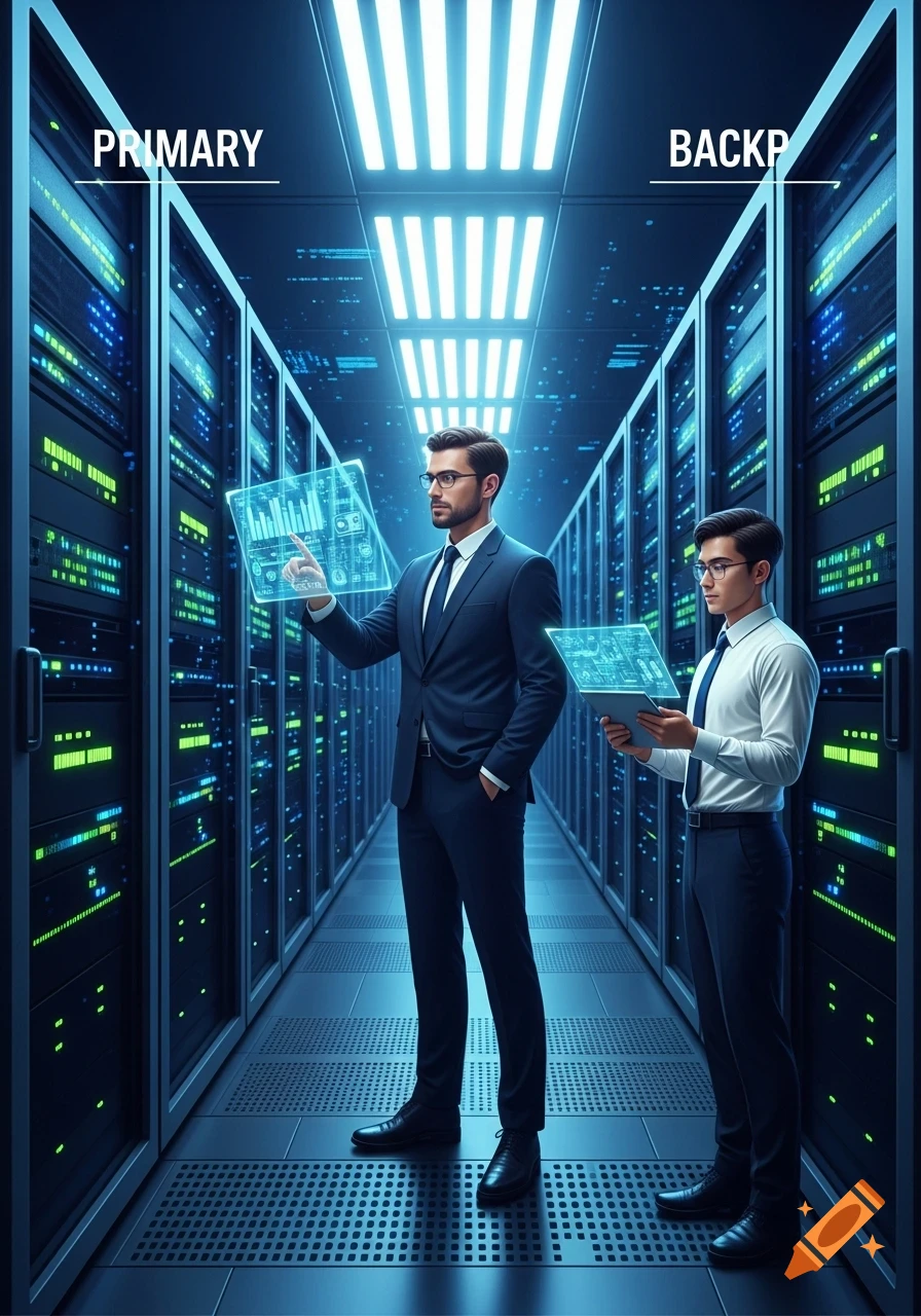 Two men, IT professionals, examine glowing holographic data screens in a long server room aisle filled with blinking computer racks, in a photorealistic style.