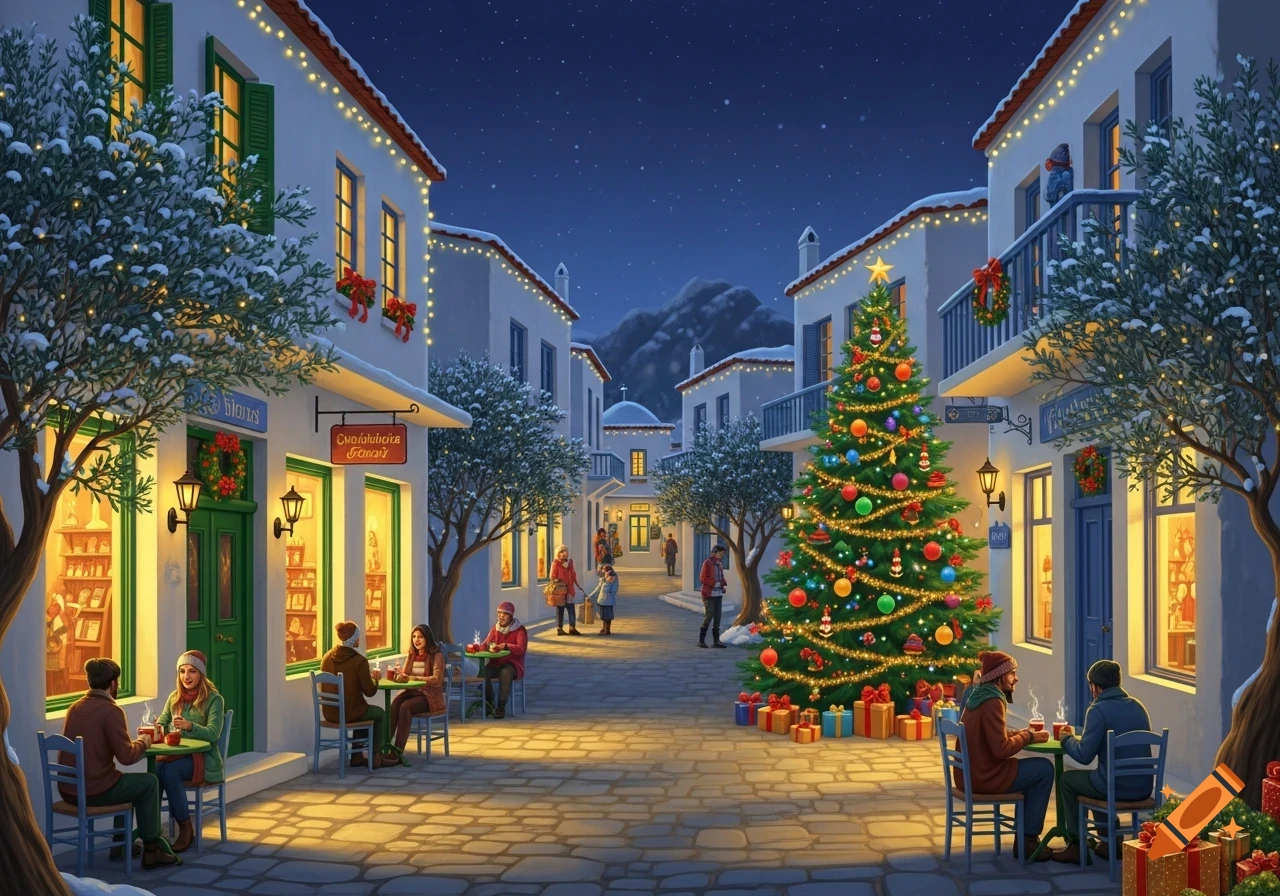 A festive town street at night, illuminated by Christmas lights and a large decorated Christmas tree, with people dining outside cafes and snow-dusted trees.