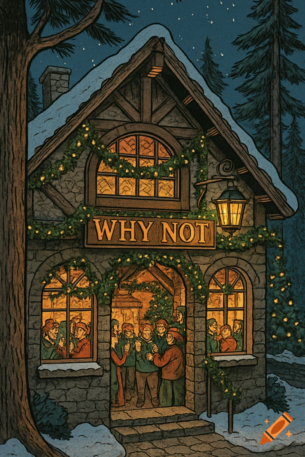 Rustic pub 'Why Not' decorated for Christmas, with people inside, on a snowy winter night, in comic art style.