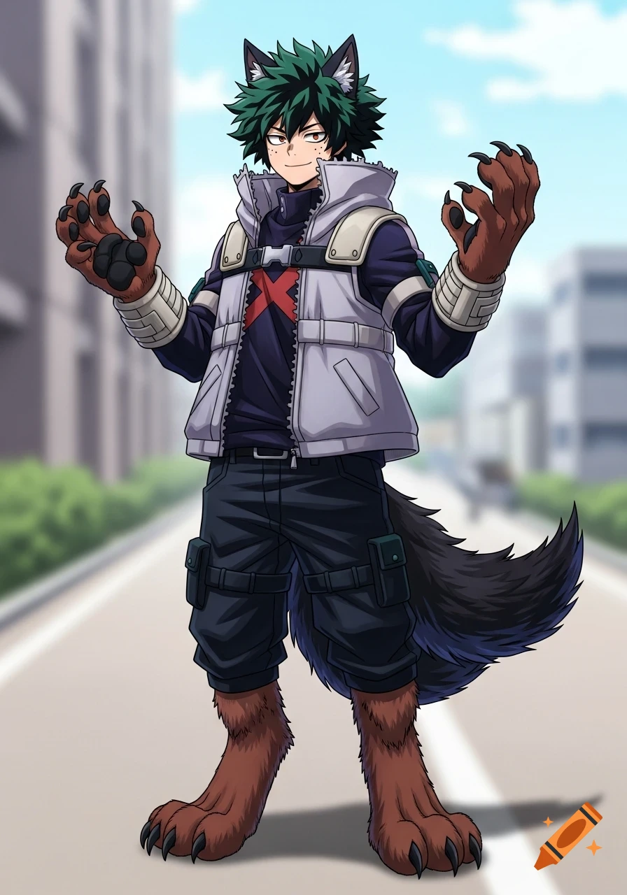 Anime character resembling Deku with wolf features, including ears, furry paws, and a tail, wearing a tech-wear outfit on an urban street.