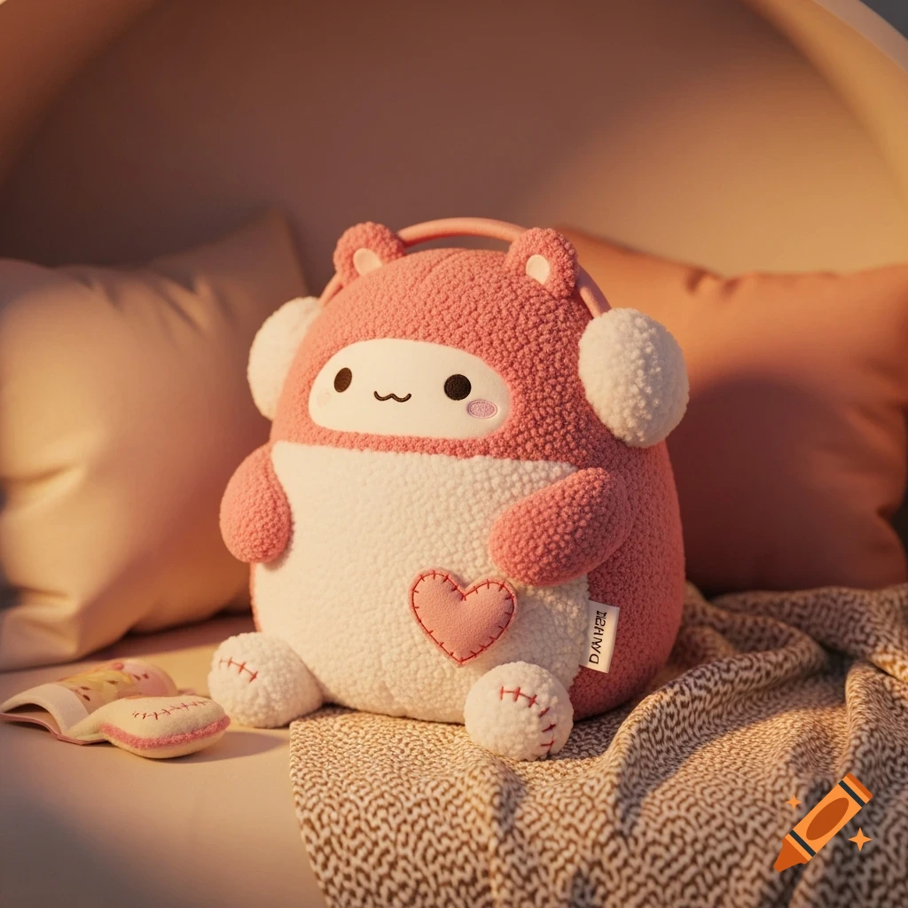A cute pink and white plush toy with a heart on its chest, wearing earmuffs, sitting on a patterned blanket next to an open book.