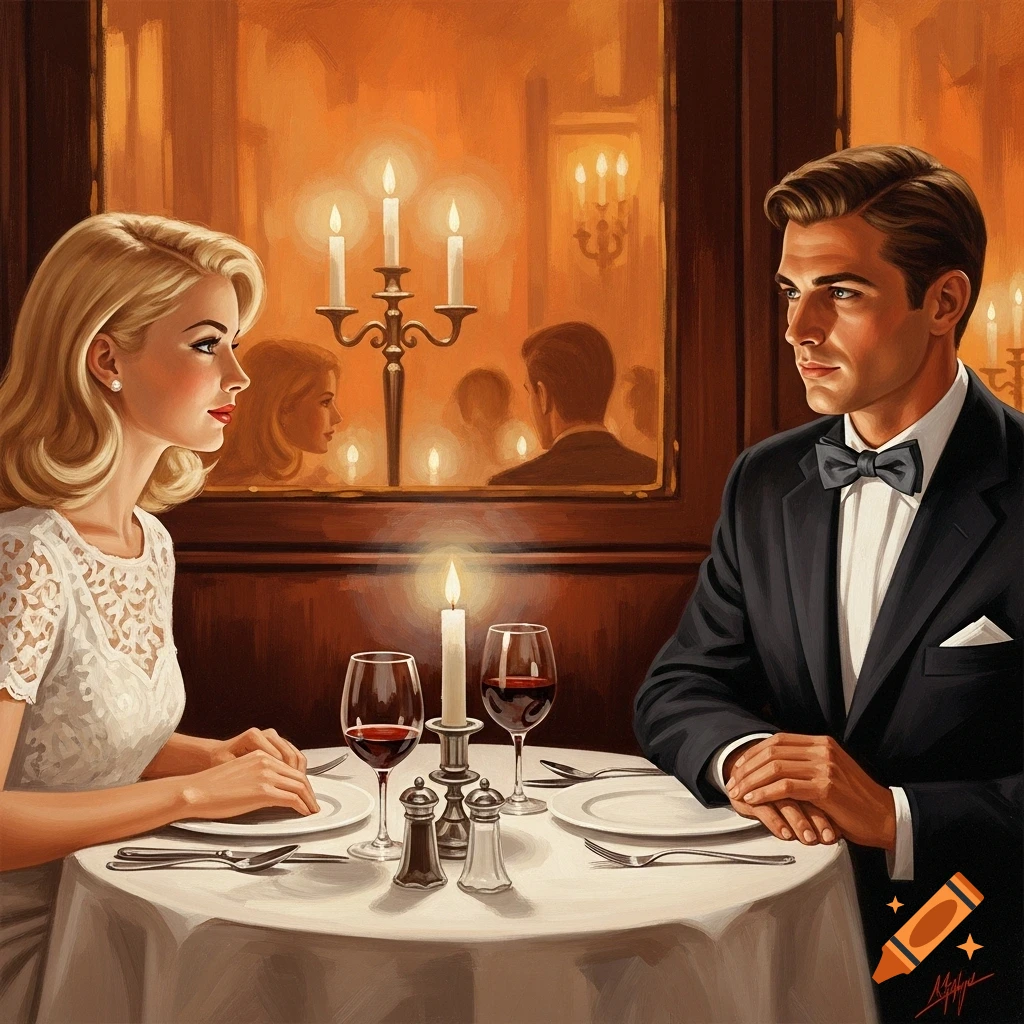 A vintage oil painting of a blonde woman and a man in a tuxedo dining at a candlelit restaurant.