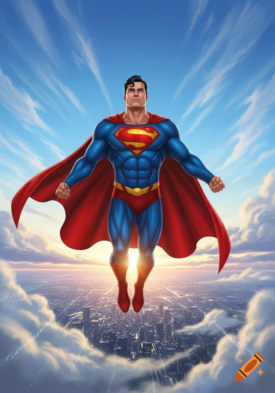 Superman, in his iconic blue and red suit with a flowing cape, flies ...