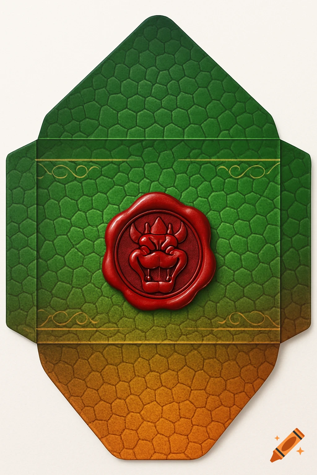 An unfolded envelope template, green with a scale texture, fading to orange, featuring a red wax seal with Bowser's face.