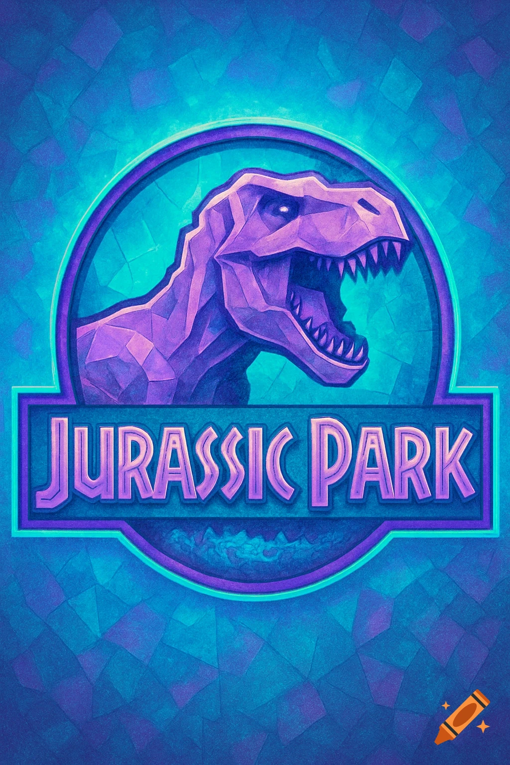 Stylized purple geometric T-Rex head in a circular Jurassic Park logo, with the text 'JURASSIC PARK' below, on a blue textured background.