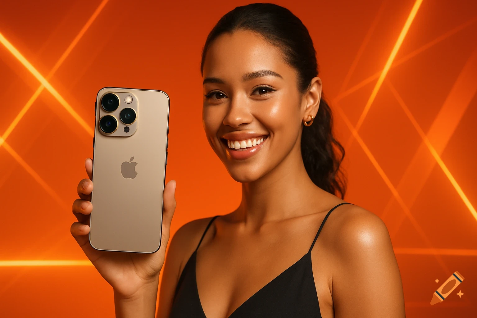 A smiling woman in a black top holds a gold iPhone against a dynamic orange background with neon light flares.