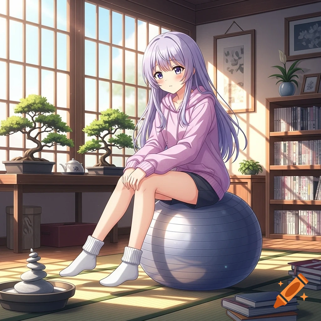 Anime girl with purple hair wearing a pink hoodie sits on a yoga ball in a bright room with bonsai trees and bookshelves.
