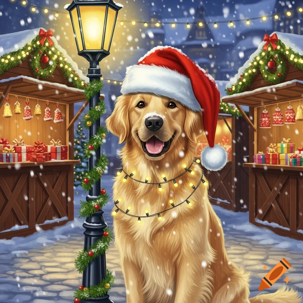 A smiling golden retriever in a Santa hat and Christmas lights sits in a snowy winter market with stalls and a lamp post.
