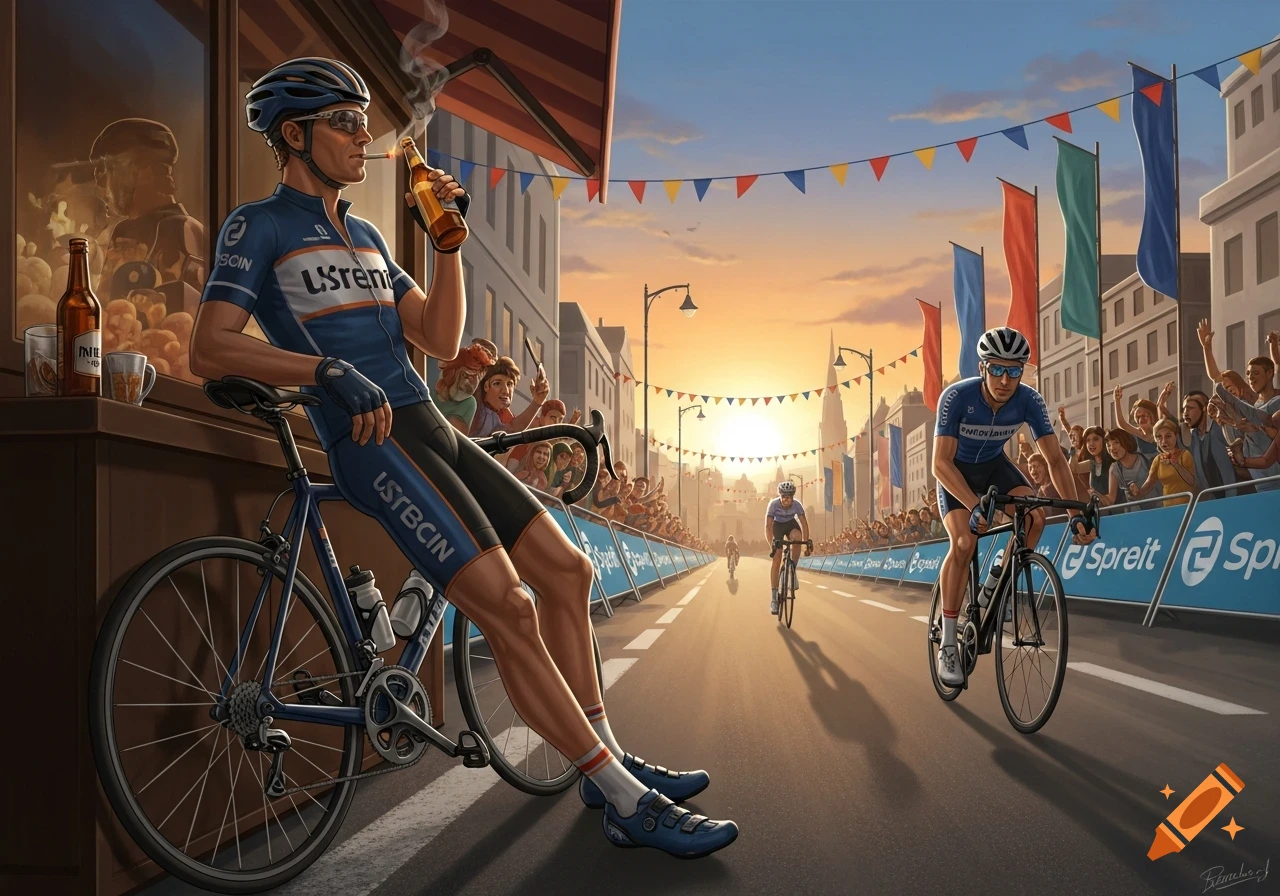 A stylized illustration of a male cyclist in blue and white leaning on his bike, smoking a cigarette and drinking beer, while other cyclists race in the background at sunset, surrounded by cheering fans.