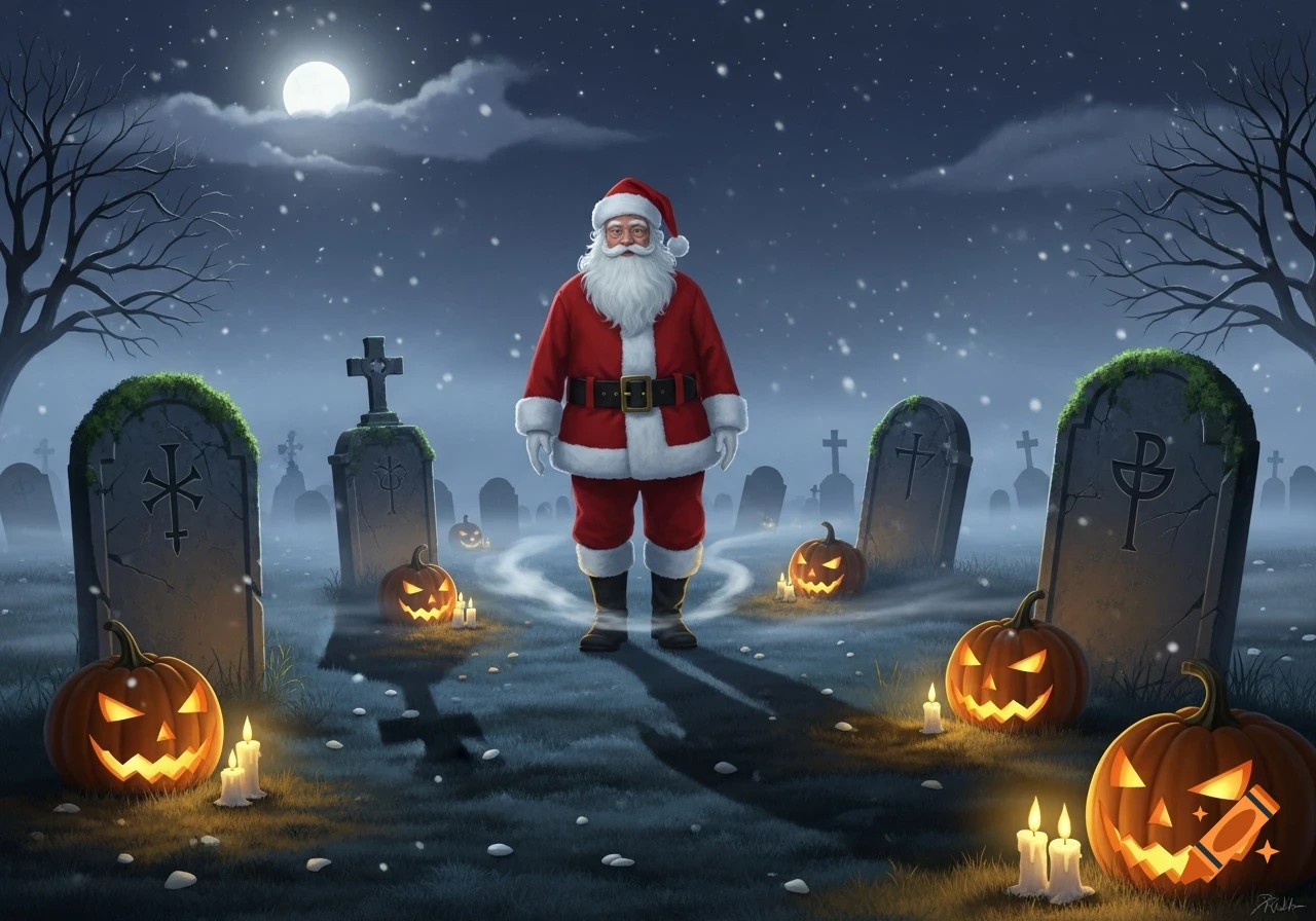 Santa Claus stands in a snowy graveyard at night, surrounded by glowing jack-o'-lanterns, tombstones, and bare trees under a full moon.
