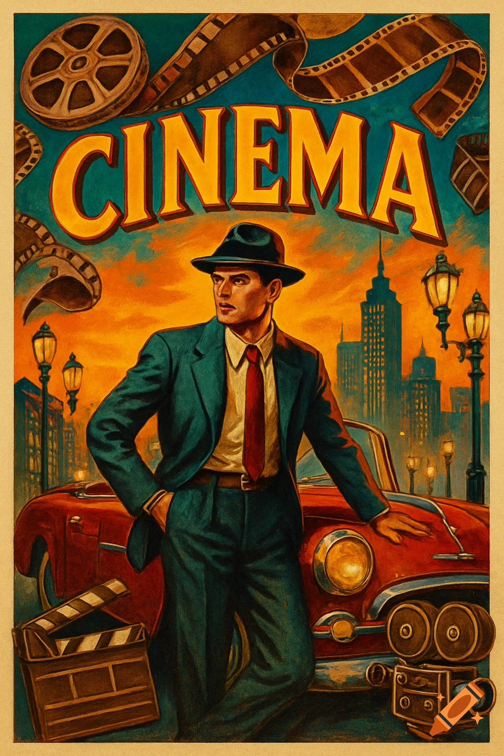 Vintage movie poster with a man in a suit, classic car, city skyline, and film reels, with 'CINEMA' at the top.