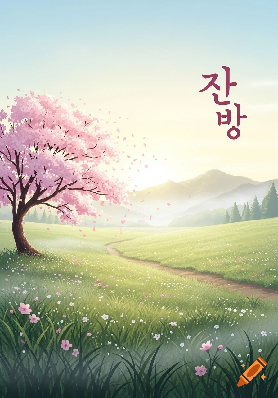 A vibrant spring landscape with a pink cherry blossom tree, a winding path through a green field, distant mountains, and Korean text.