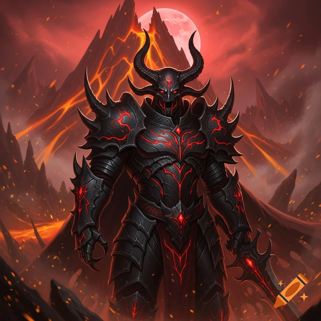 A formidable demon lord in ornate black and red armor with horns stands in a fiery volcanic landscape under a red moon, holding a sword.