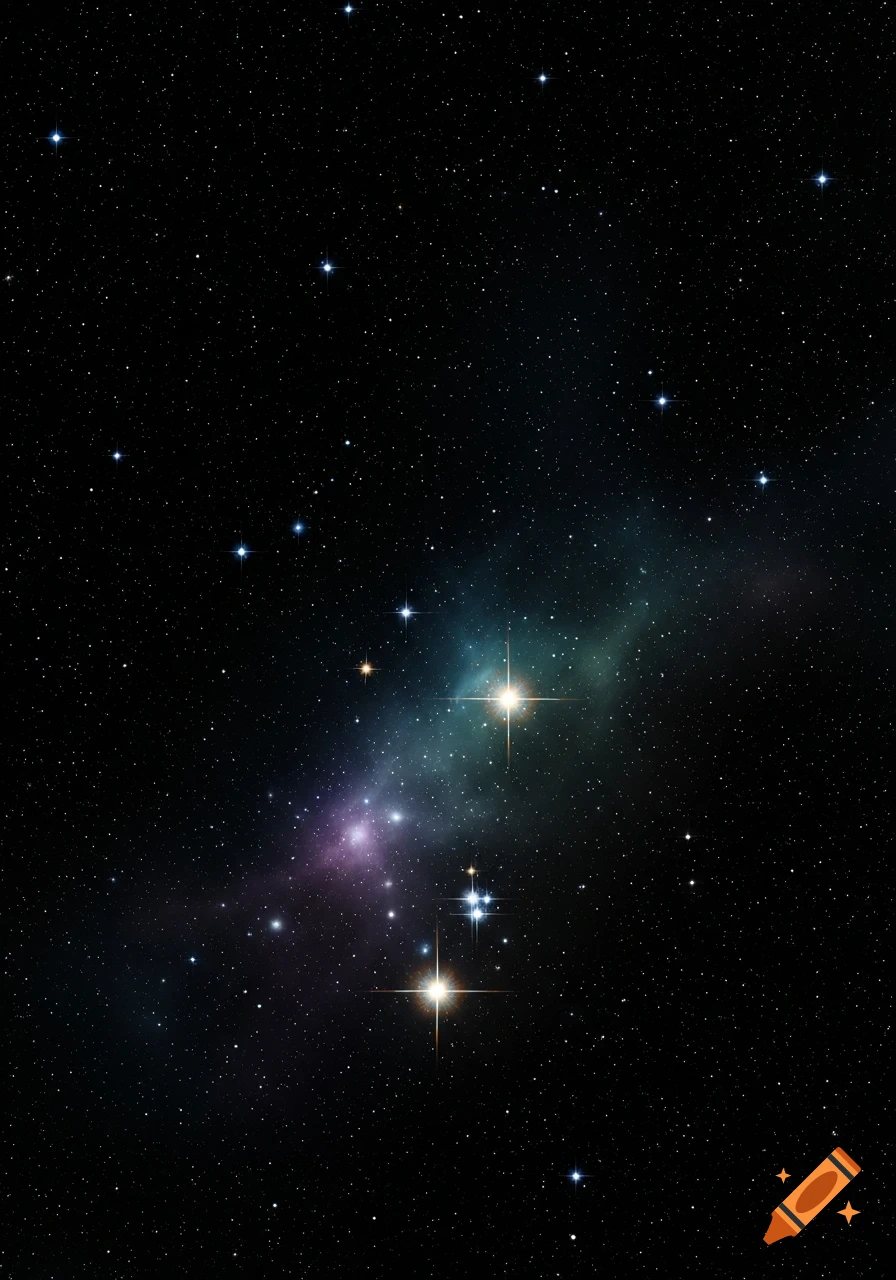A dark, starry night sky with bright stars, some with diffraction spikes, and colorful nebulae glowing in blue-green and purple hues.