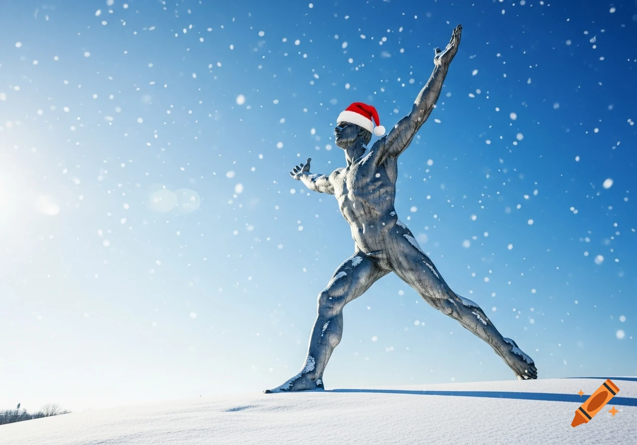 A photorealistic stone statue of a muscular man with arms raised, wearing a Santa hat, stands in a snowy field under a bright blue sky with falling snow.