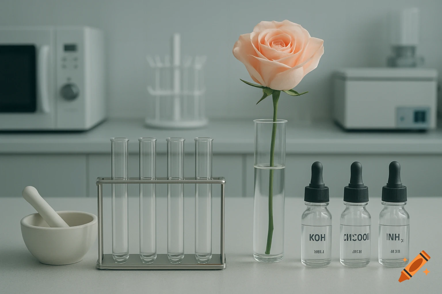 A photorealistic image of a lab bench with test tubes, a mortar, a rose in a vase, and three dropper bottles. Background shows lab equipment.