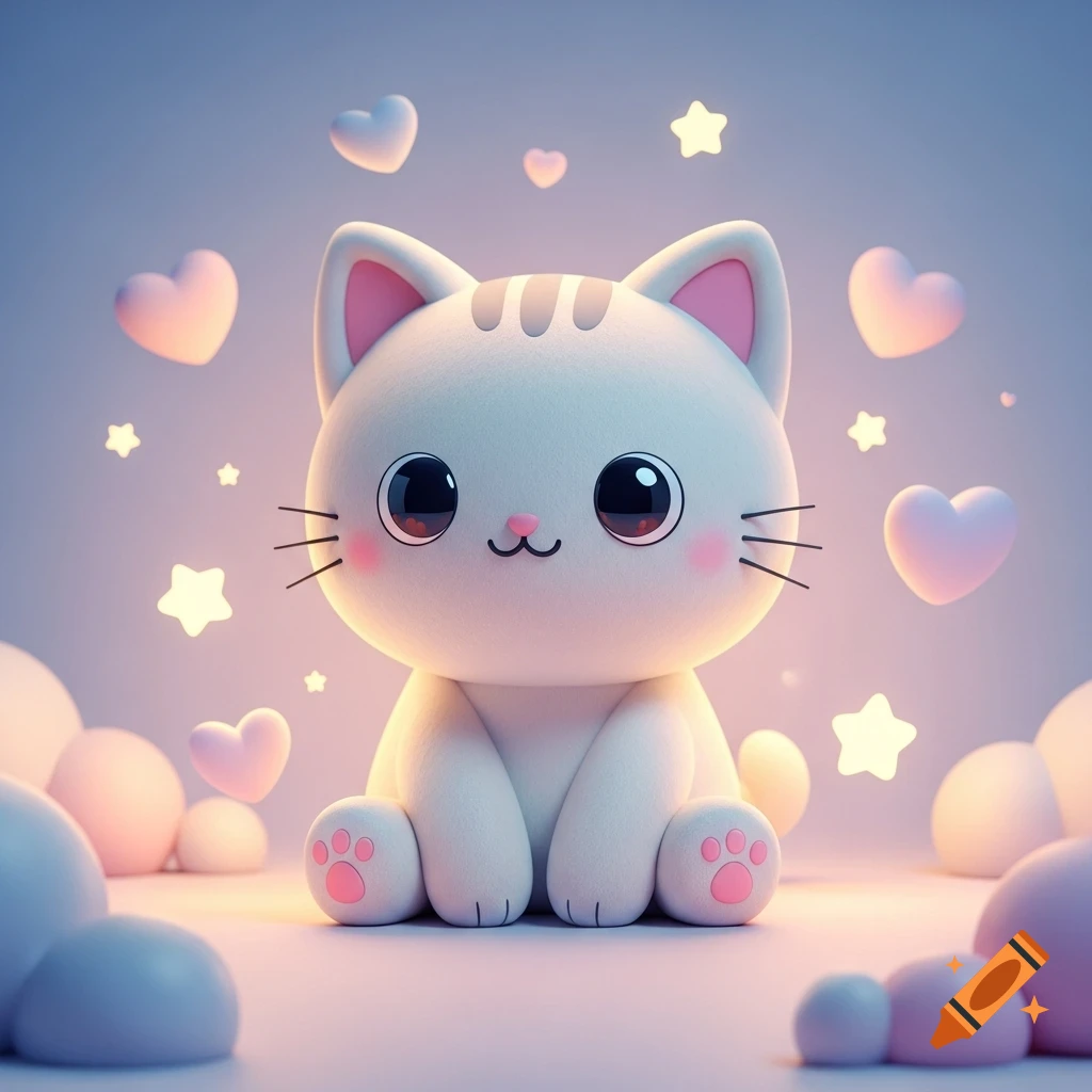 A cute 3D kawaii white cat with pink ears and paw pads, surrounded by glowing pink hearts and stars on a soft pastel background.