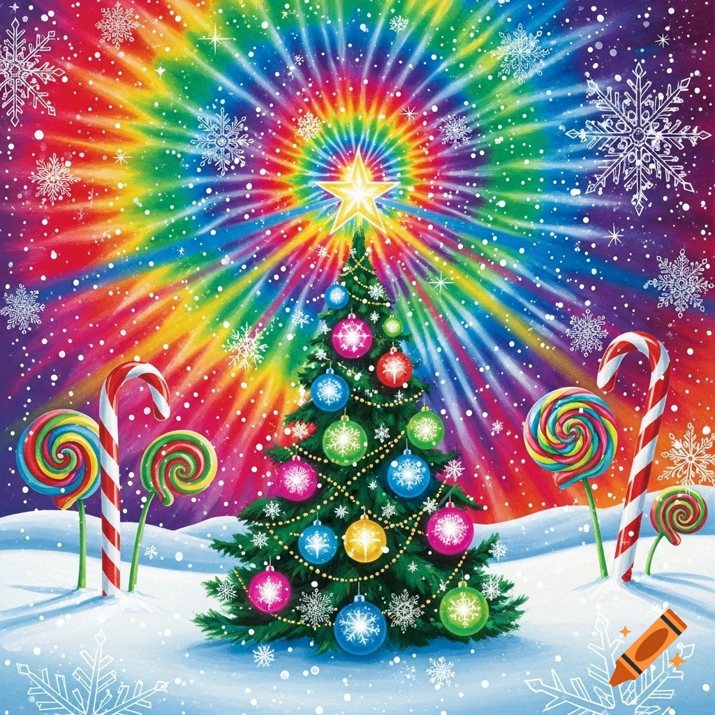 A vibrant Christmas tree surrounded by candy canes and lollipops in a snowy landscape with a psychedelic rainbow background.