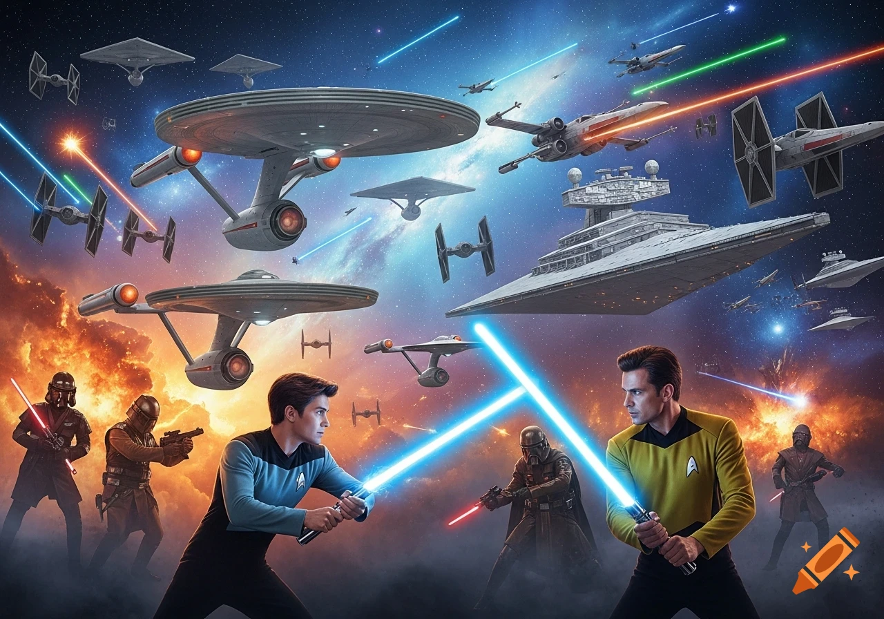 Epic space battle between Star Wars and Star Trek ships, with characters wielding lightsabers.