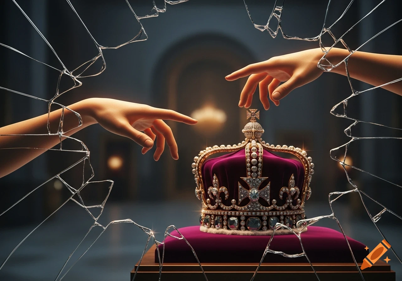 Two hands reach through shattered glass towards a jeweled purple crown on a velvet cushion in a dark display.