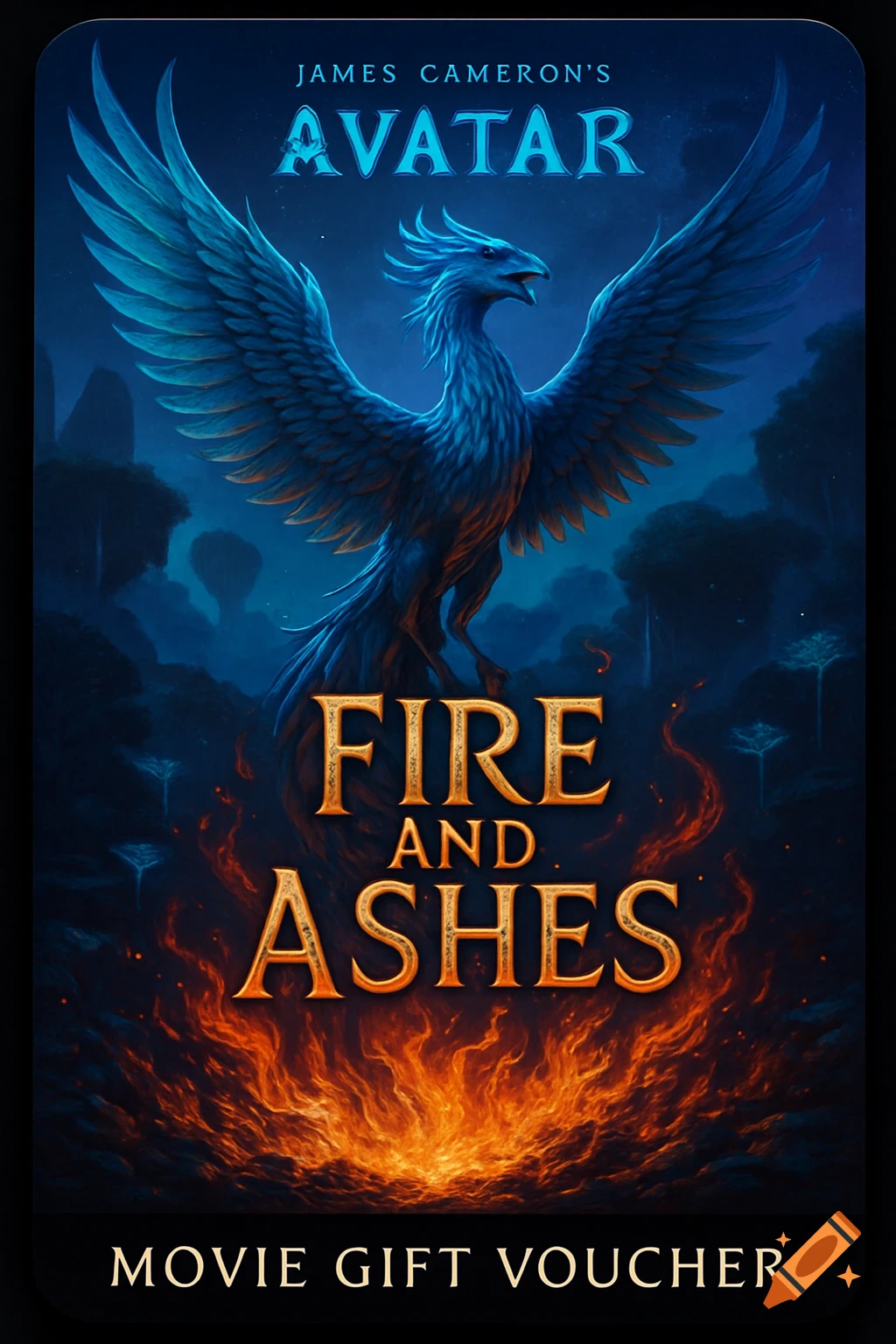 A movie gift voucher for 'James Cameron's Avatar: Fire and Ashes' features a blue phoenix over fire against a dark alien forest.