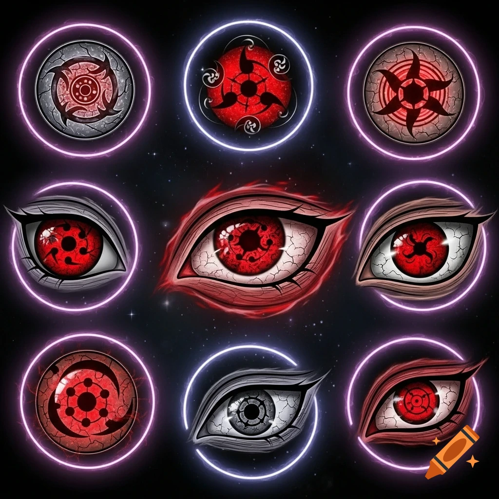 Nine stylized anime eyes with red and black Sharingan patterns, some with glowing rings, on a dark starry background.