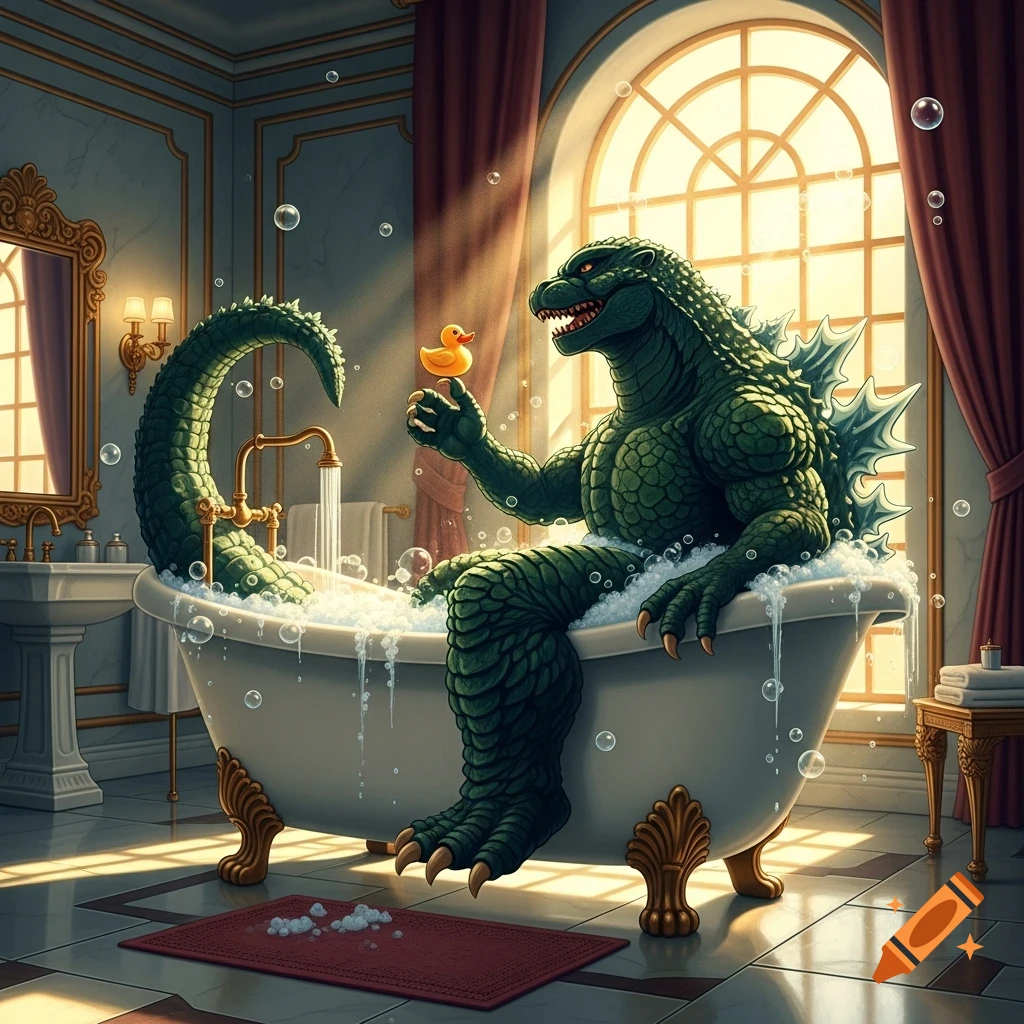 Godzilla sits in a claw-footed bathtub filled with bubbles, holding a yellow rubber duck, in a luxurious bathroom with a large arched window.