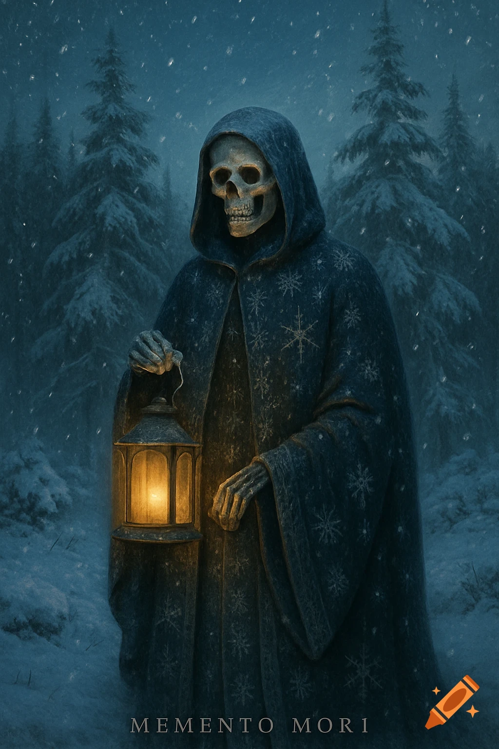 A skeletal figure in a hooded cloak with snowflake patterns holds a glowing lantern in a snowy forest. The words 'MEMENTO MORI' are at the bottom.