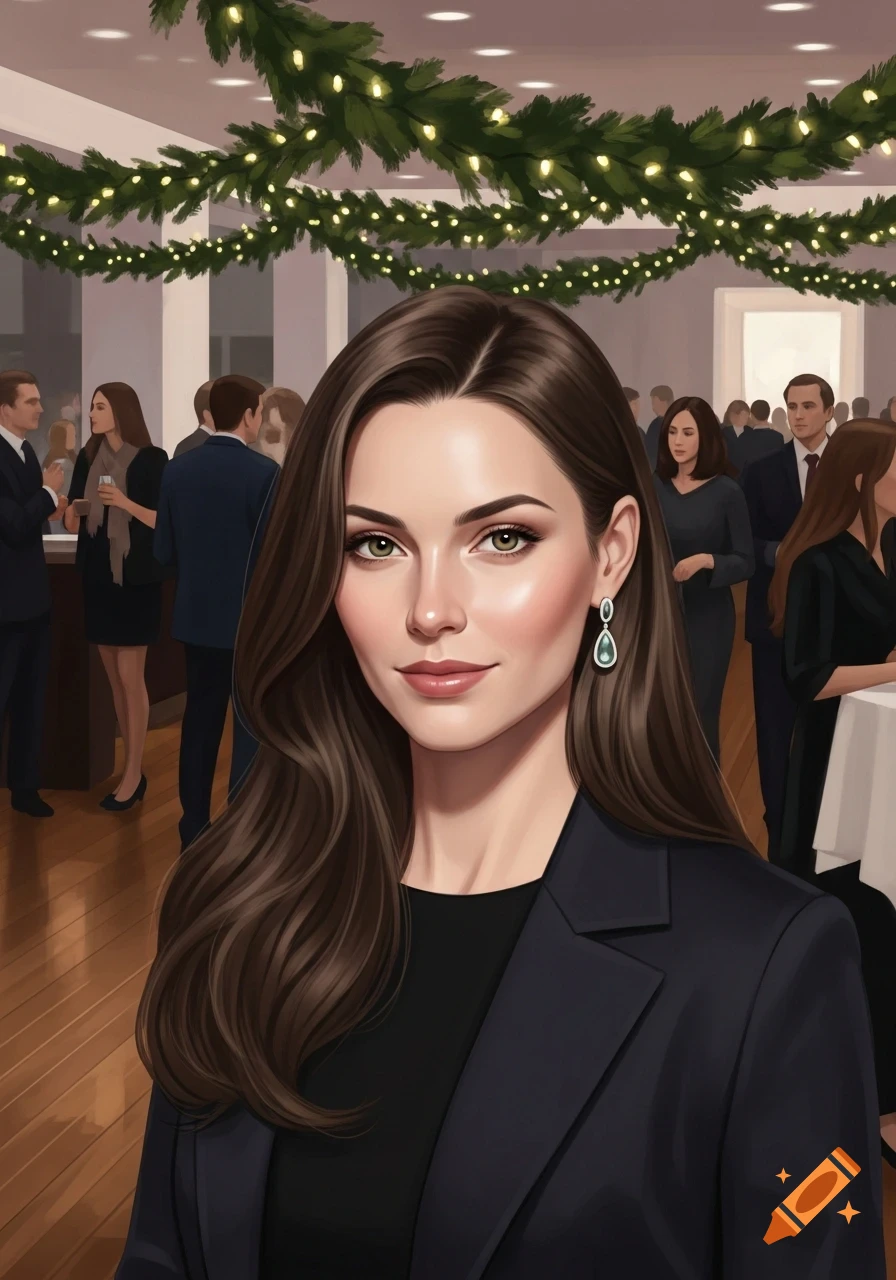 Digital art portrait of a woman with long brown hair in a dark blazer at a festive work party with garland decorations.