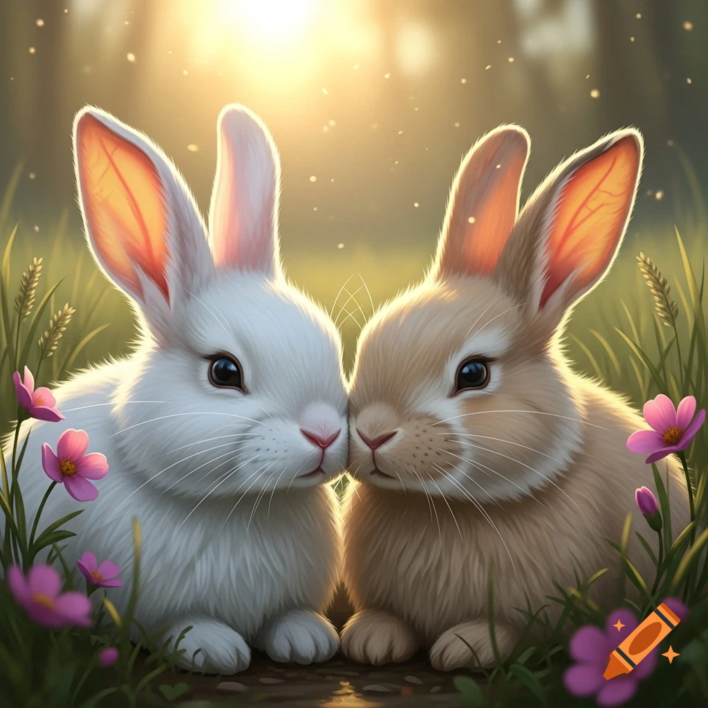 Two fluffy white and brown bunnies touch noses in a sun-drenched field filled with pink flowers and tall grass.