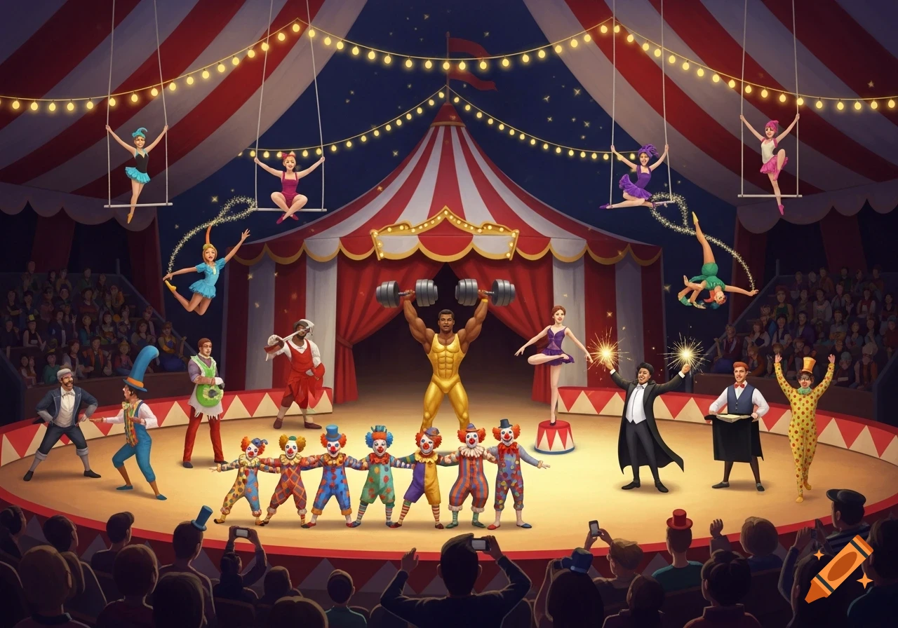 An illustration of a vibrant circus show featuring trapeze artists, a strongman, clowns, a magician, and other performers under a red and white big top.