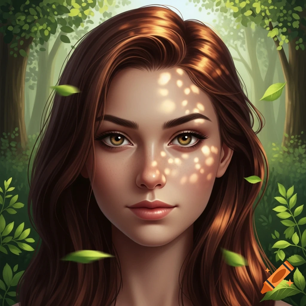 Digital art portrait of a woman with long brown hair and golden eyes ...