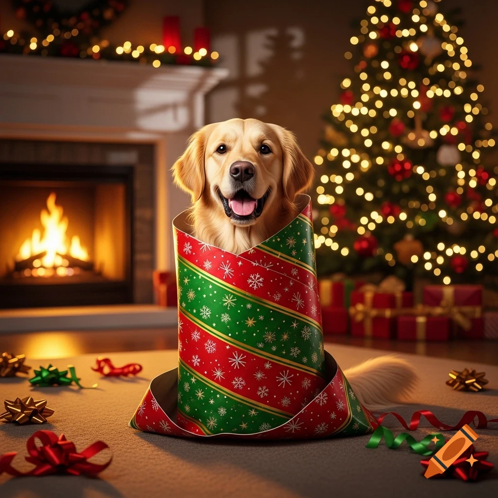 A smiling golden retriever dog wrapped in red and green Christmas ...