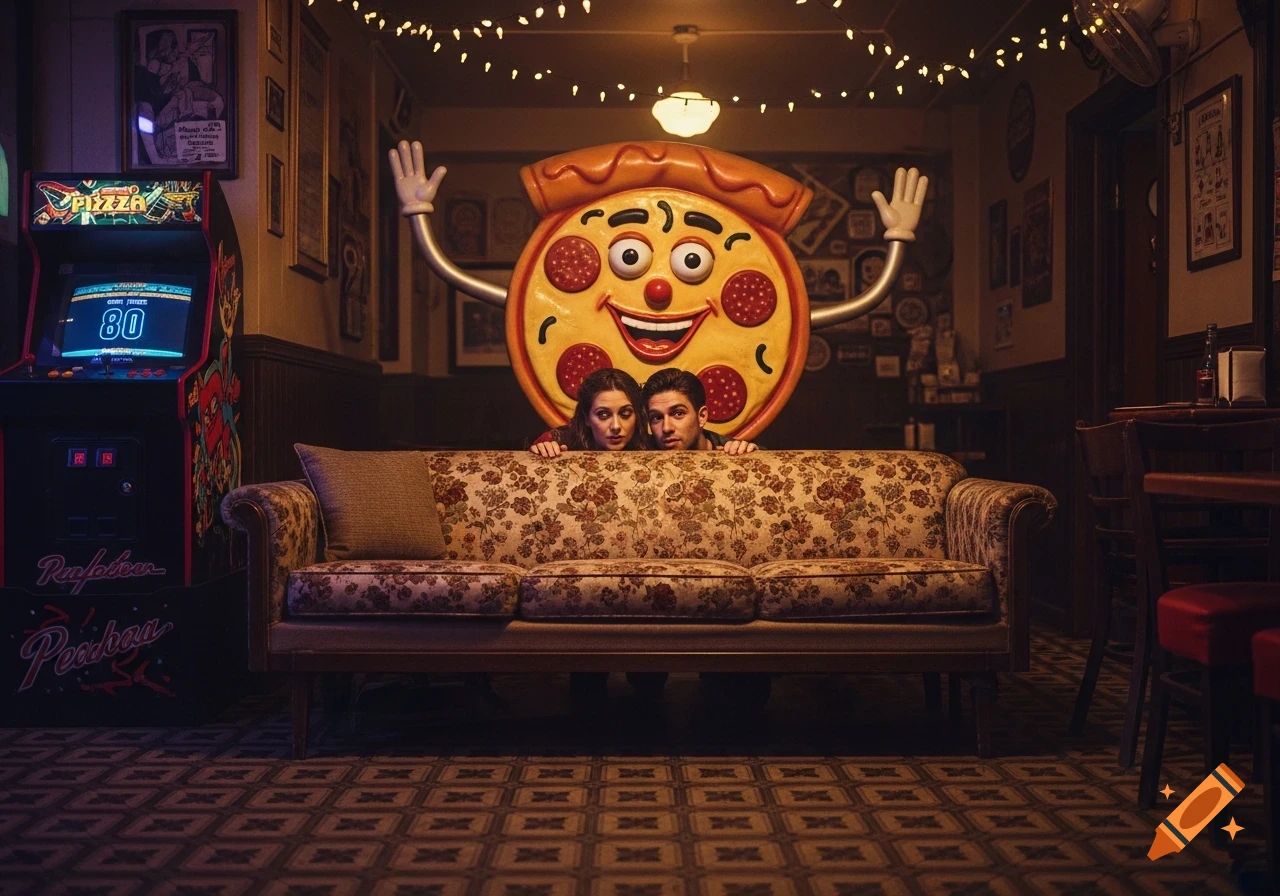 A photorealistic image of a couple peeking over a floral sofa in an old pizza restaurant, with a large pizza animatronic behind them and an arcade machine to the left.