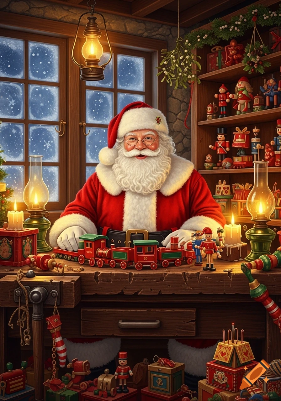 Santa Claus in his cozy workshop, surrounded by wooden toys and glowing lanterns, with a snowy window in the background.