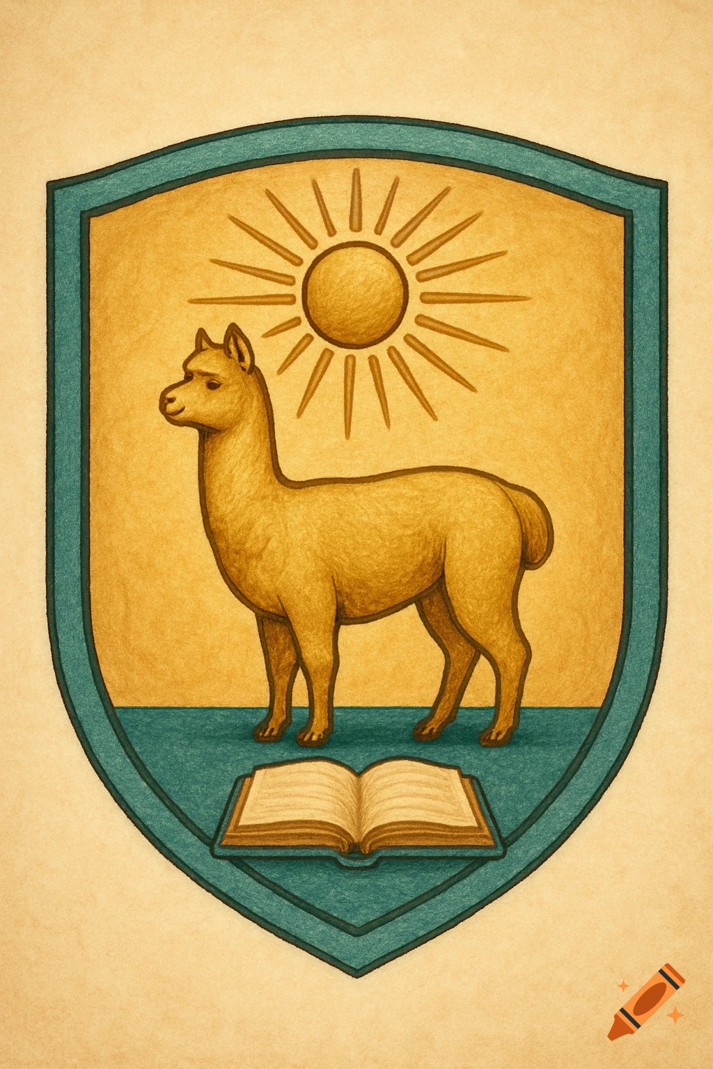 An illustrated coat of arms featuring a golden alpaca, a radiating sun, and an open book within a teal-bordered shield.